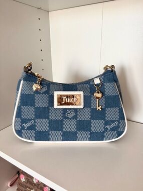 Juicy Couture “Miss Independent” Blue Check Denim-Print Shoulder Bag